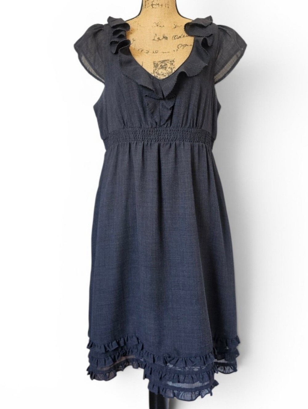 Maeve Anthropologie Chic Gray Ruffle Dress Empire Waist Flutter Sleeve, Size 14 - Picture 2 of 7